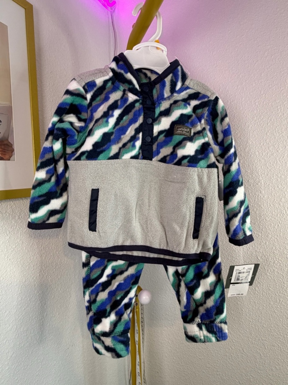 Eddie Bauer Toddler Fleece Pullover Set in Blue Green Wave Print 12 Months